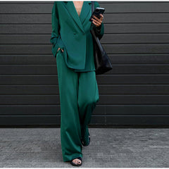 Satin Suit Lapel Long Sleeve Wide Leg Pants Suit