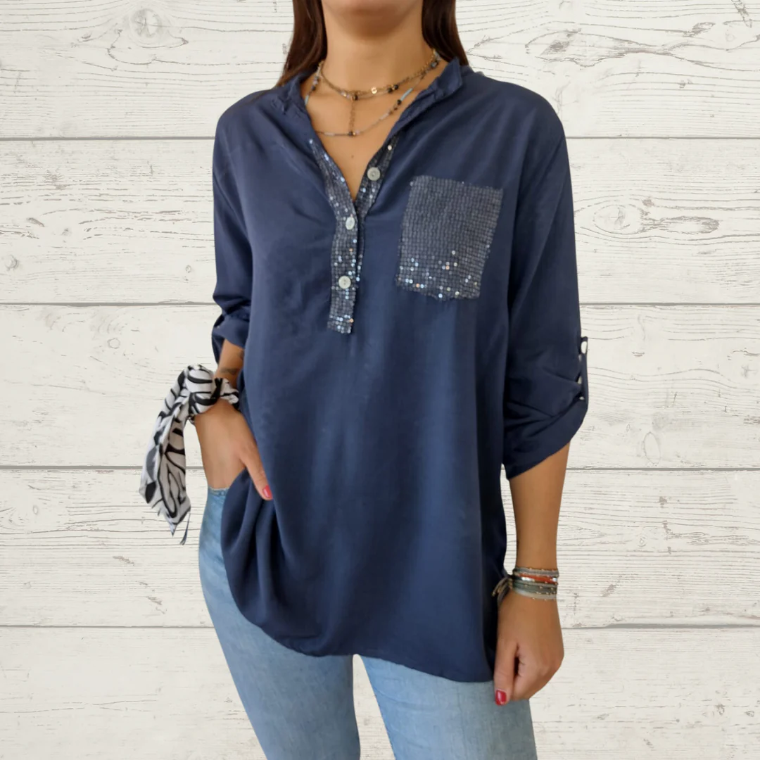 Women's Sequin Pocket Long Sleeve Blouse