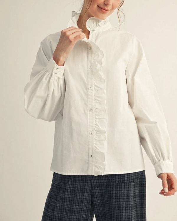 Wrap Around Ruffle Neckline and Button Placket Top