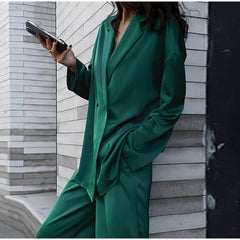 Satin Suit Lapel Long Sleeve Wide Leg Pants Suit