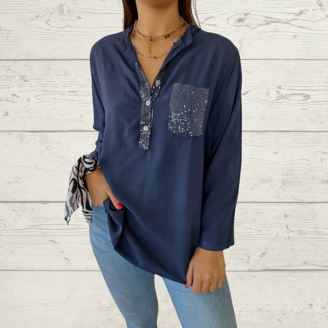 Women's Sequin Pocket Long Sleeve Blouse