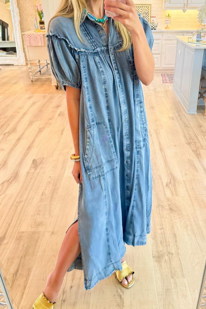 Denim Puff Sleeve Button Down Maxi Dress – showladys