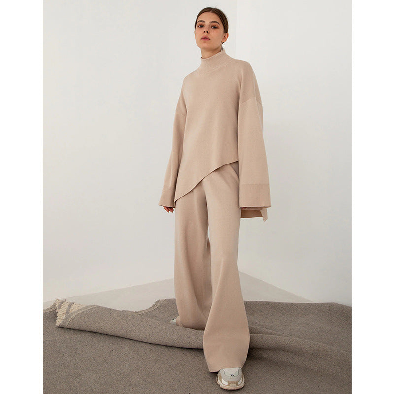 Irregular Beveled Sweaters Wide-leg Pants Two-piece Set