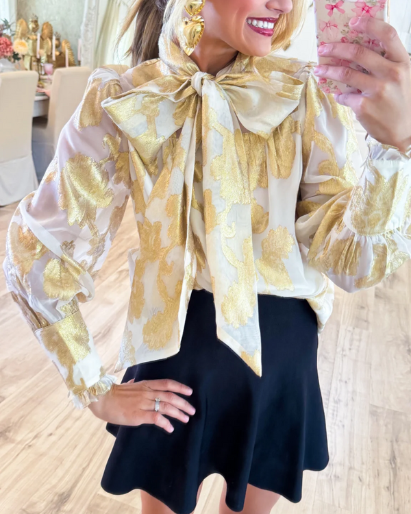 Cream Gold Metallic Jacquard Chiffon Blouse