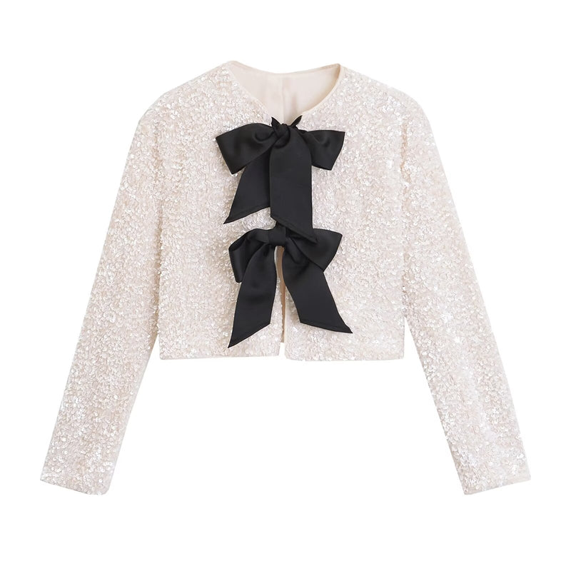 Versatile Bowknot Decoration Sequined Short Coat