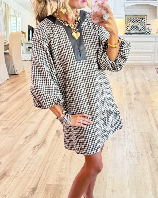 Houndstooth Balloon Sleeve Dress