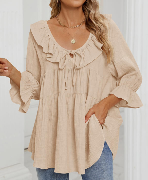 Women’s Scoop Neck 3/4 Length Sleeve Tie Front Ruffle Tiered Tunic Shirts