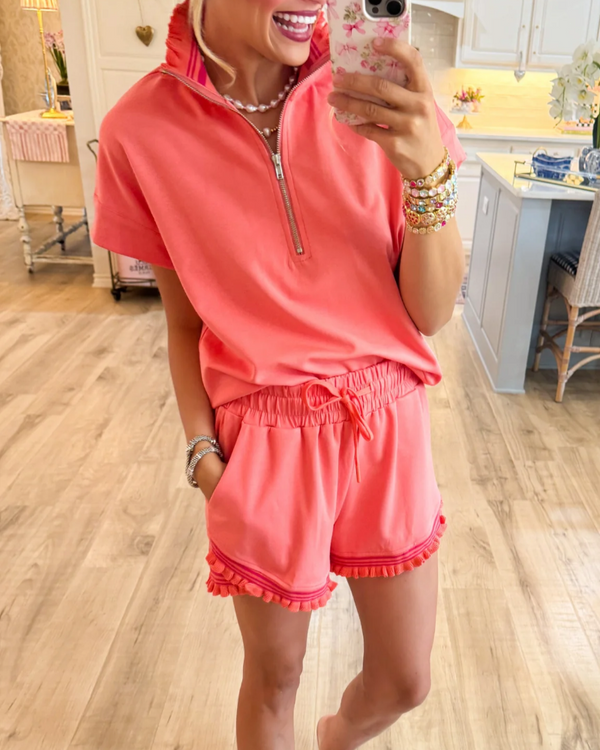 Coral Ruffle Trim Short Set