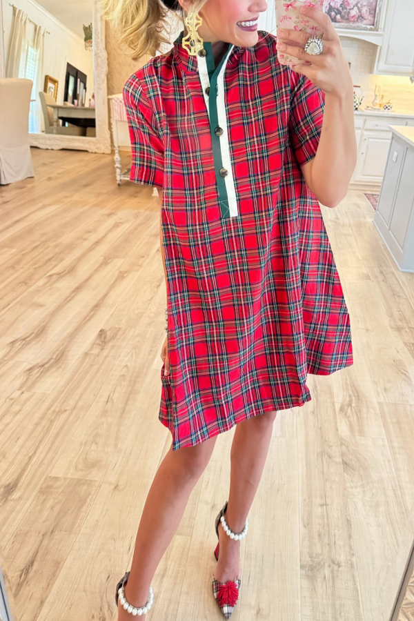 Plaid Contrast Short Sleeve Mini Dress