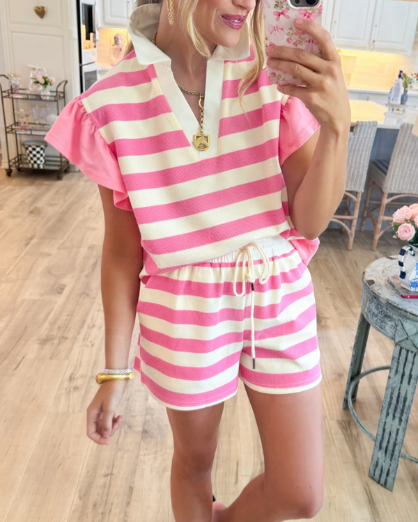 V-neck striped shorts set