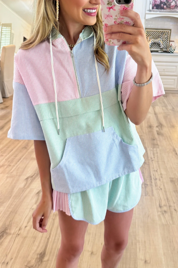 Pink Green and Blue Mix Stripe Short Set