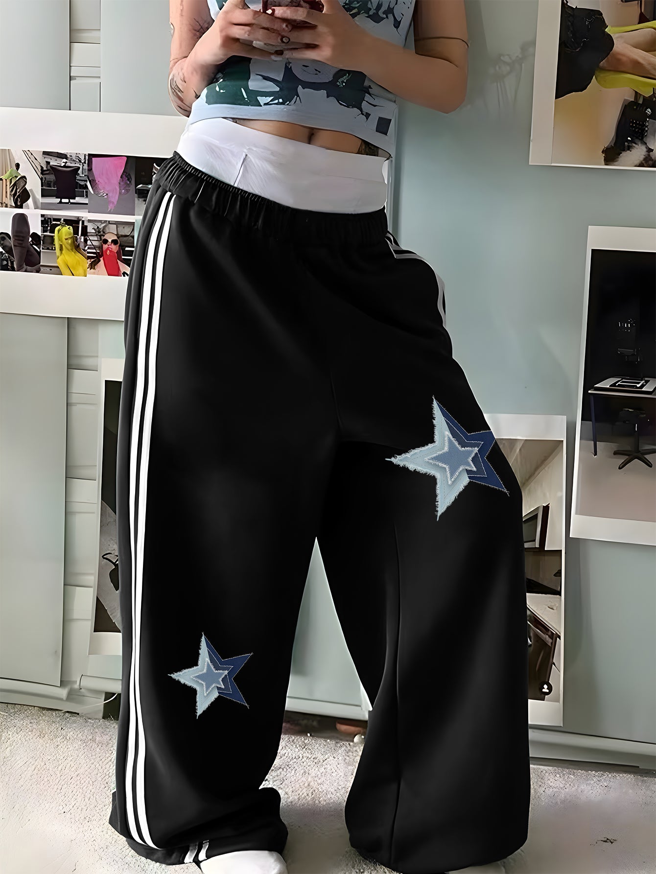 Star Print Sports Side-Stripe Panel Long Pants