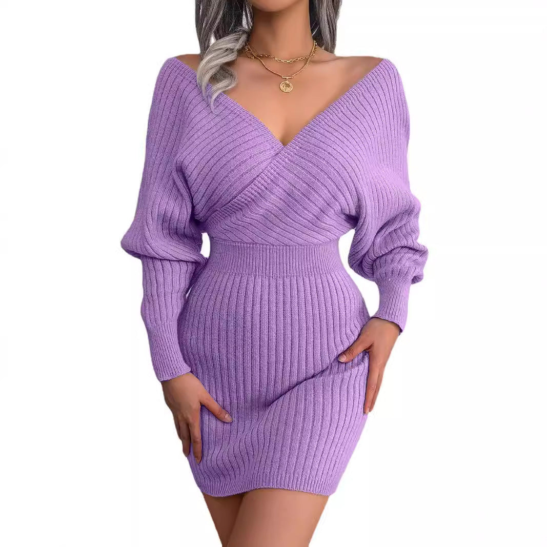 Sexy Cross V-neck Bat Skirt Hip Dress Sweater Dress