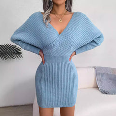 Sexy Cross V-neck Bat Skirt Hip Dress Sweater Dress