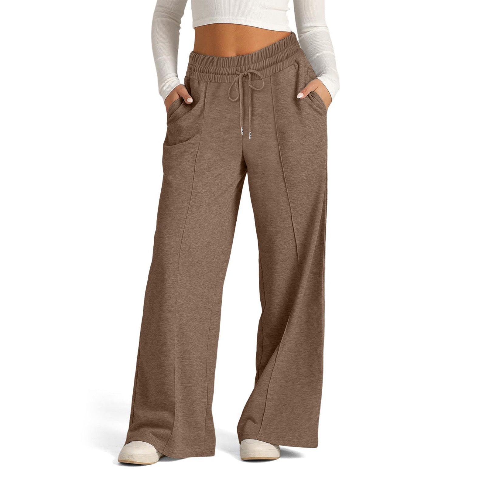 Solid color waist wide-leg trousers