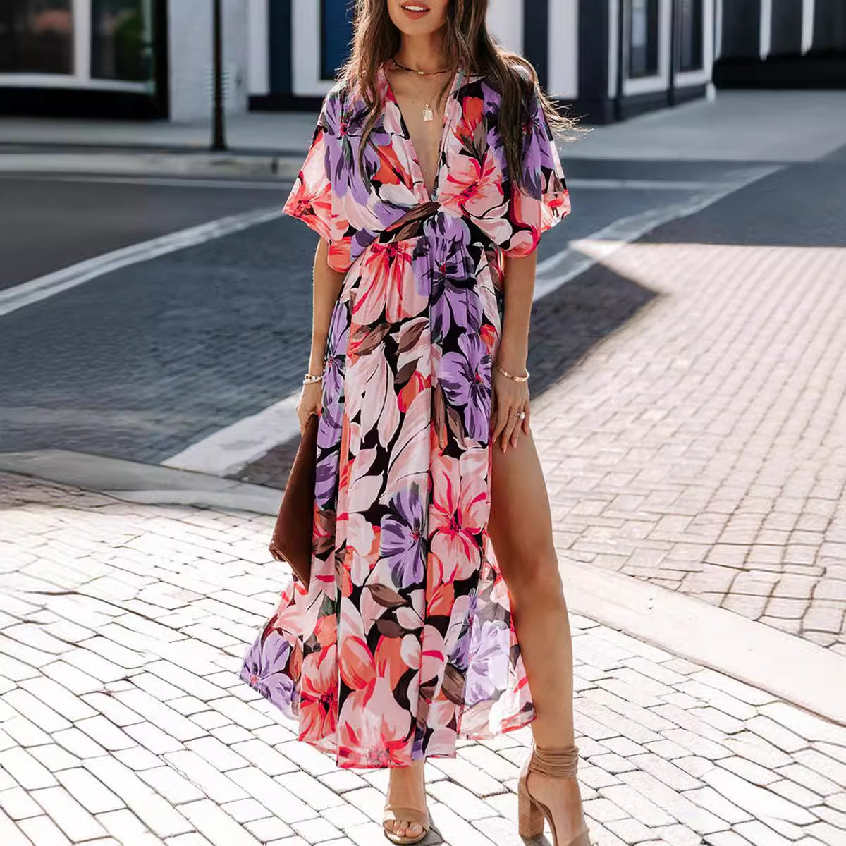 sexy high waist fashion printed slit dress female