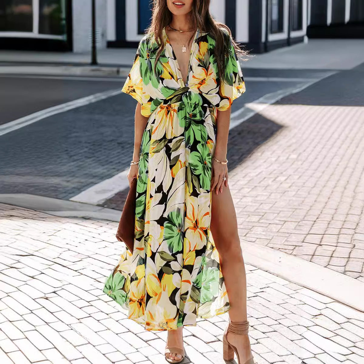 sexy high waist fashion printed slit dress female