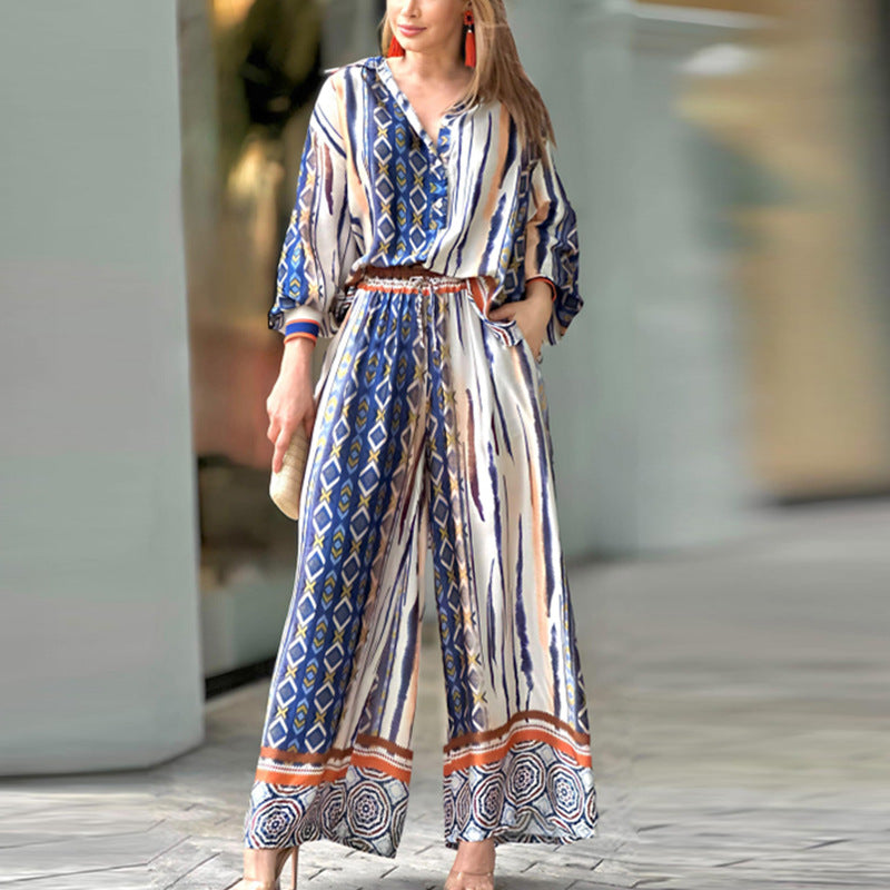 Printed Lapel Shirt Straight Leg Pants Set