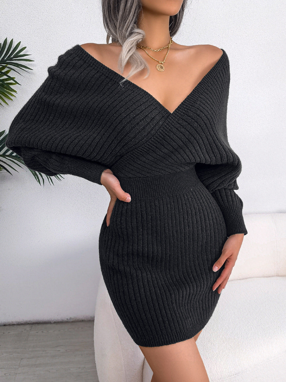 Sexy Cross V-neck Bat Skirt Hip Dress Sweater Dress