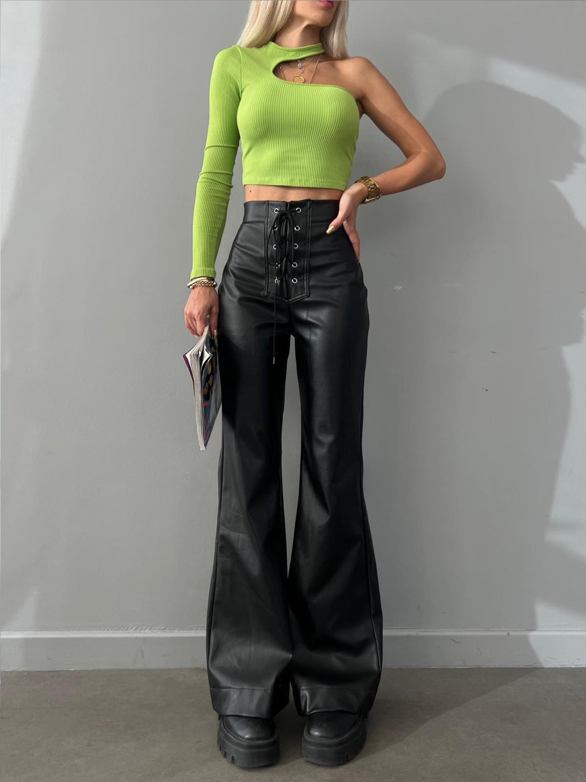 High Waist and Flared Leather Pants