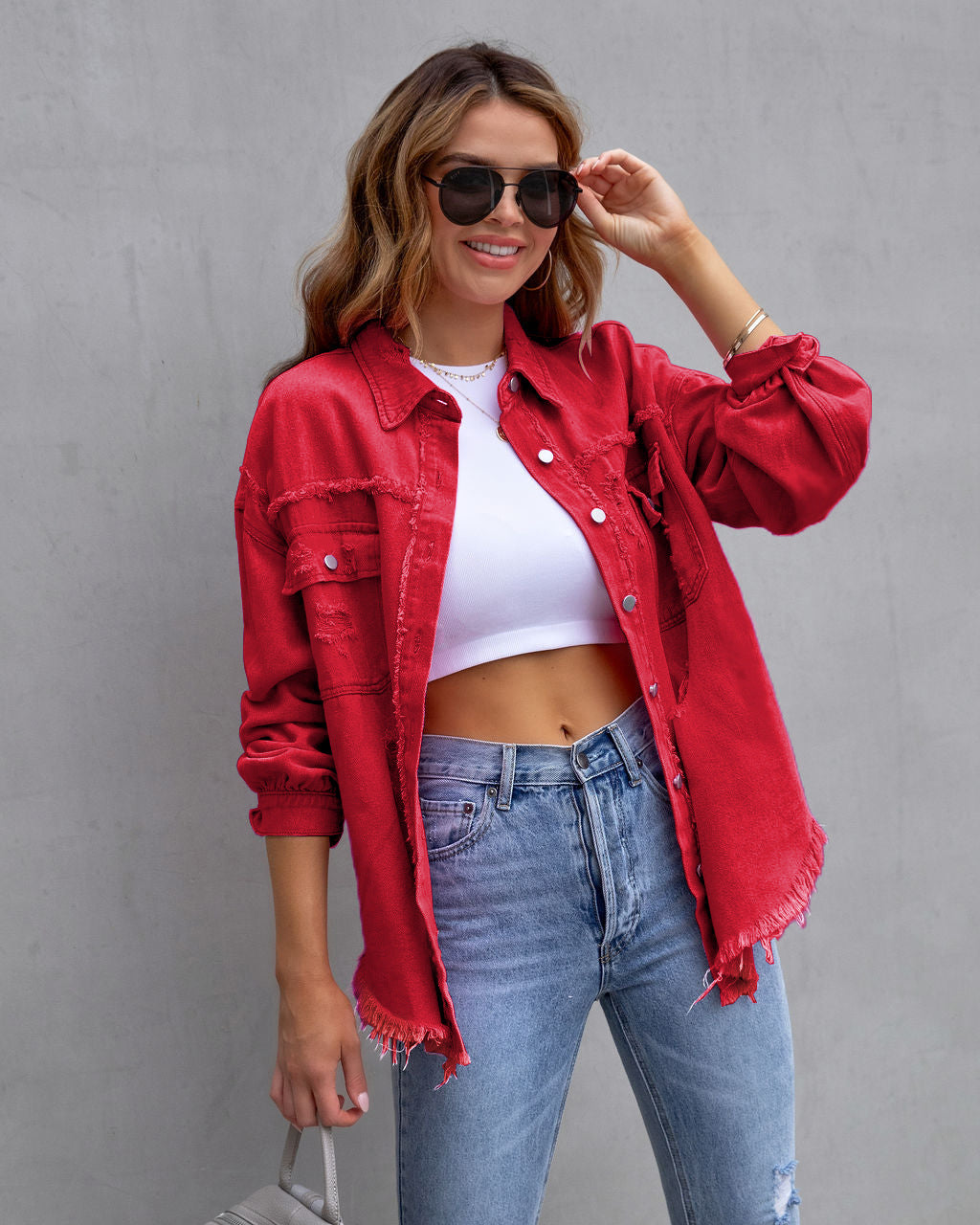 mid-length raw edge ripped denim jacket for women