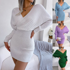 Sexy Cross V-neck Bat Skirt Hip Dress Sweater Dress