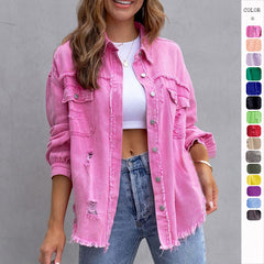 mid-length raw edge ripped denim jacket for women