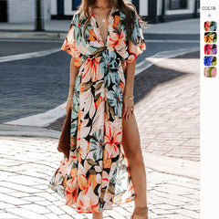 sexy high waist fashion printed slit dress female