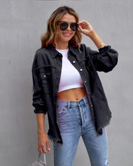 mid-length raw edge ripped denim jacket for women