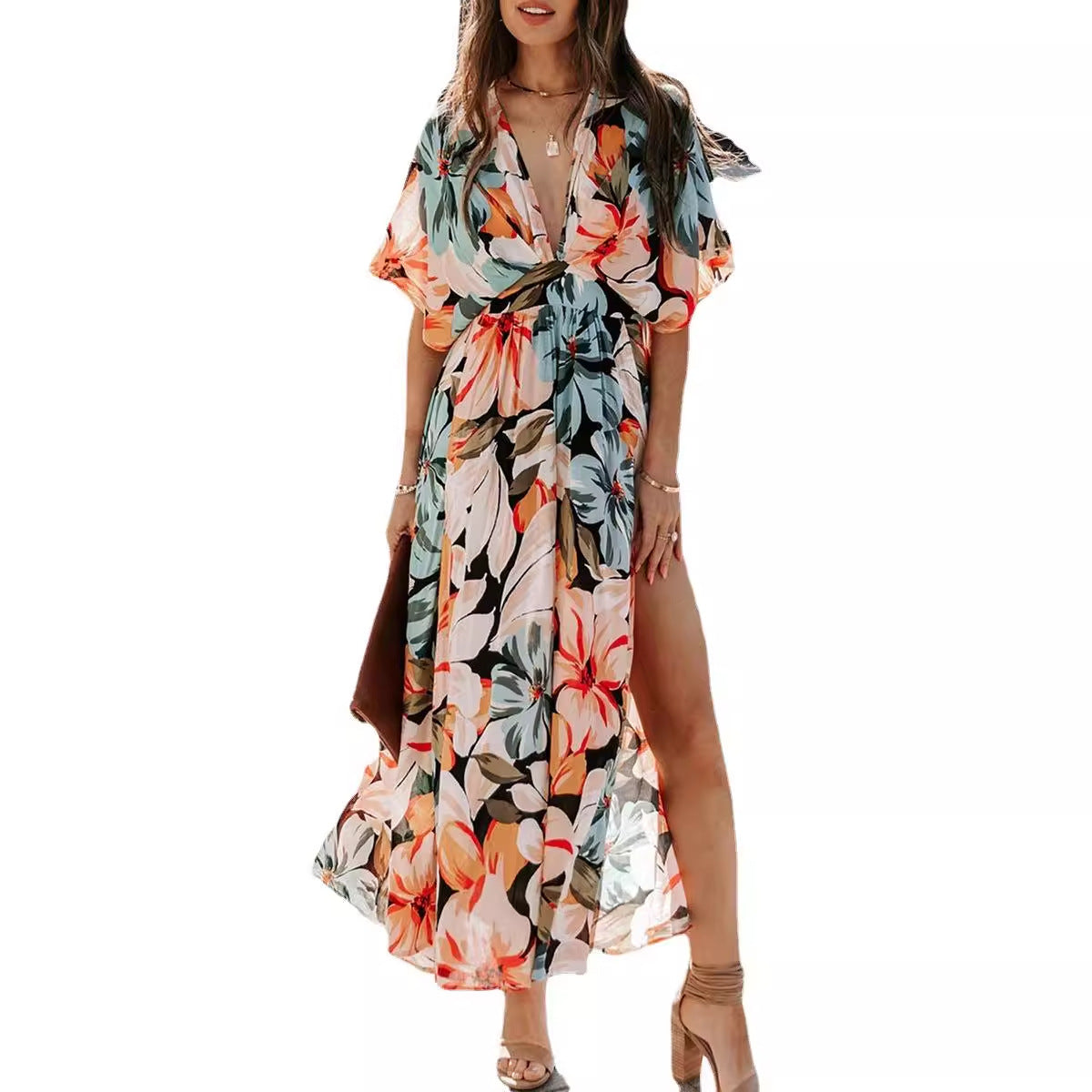 sexy high waist fashion printed slit dress female