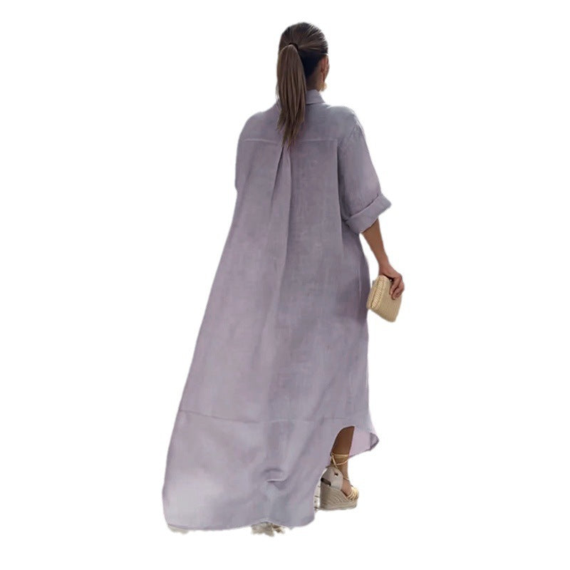 Lapel cotton and linen loose long skirt