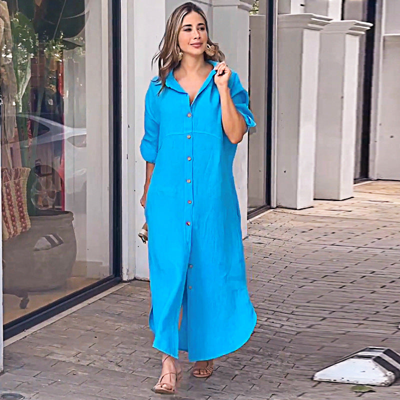 Loose casual solid color long shirt dress women's clothing