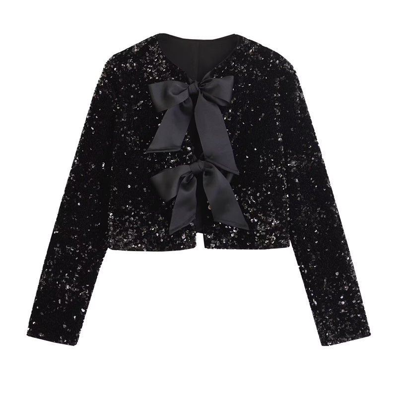 Versatile Bowknot Decoration Sequined Short Coat