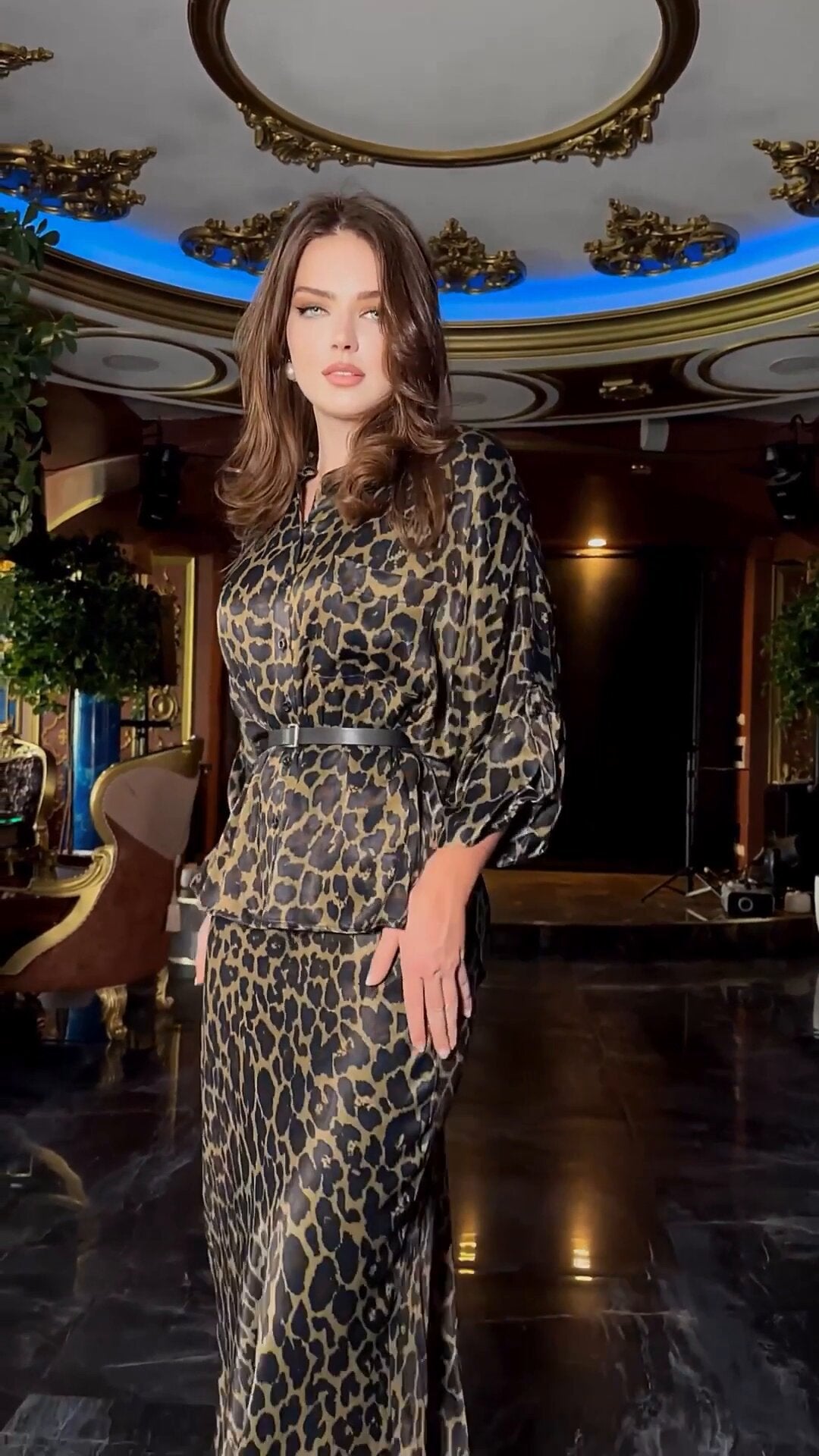 Leopard-print Long-sleeved Shirt Skirt Suit