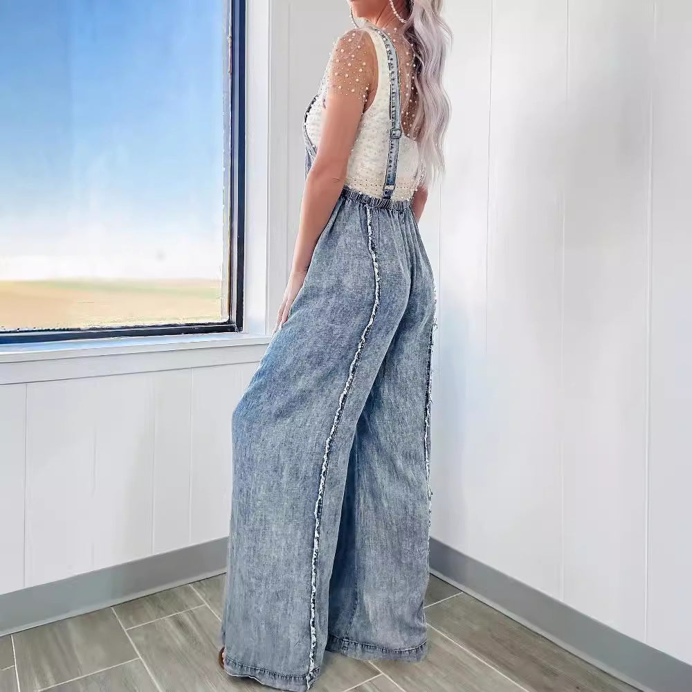 Retro Denim Wide-leg Suspender Jumpsuit