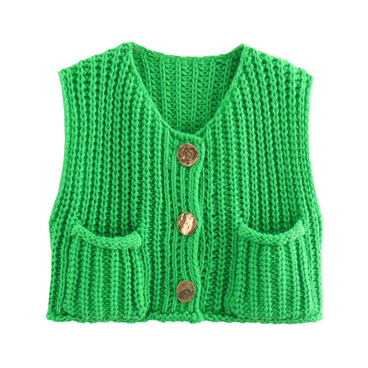 Pocket Sleeveless Short Knit Cardigan