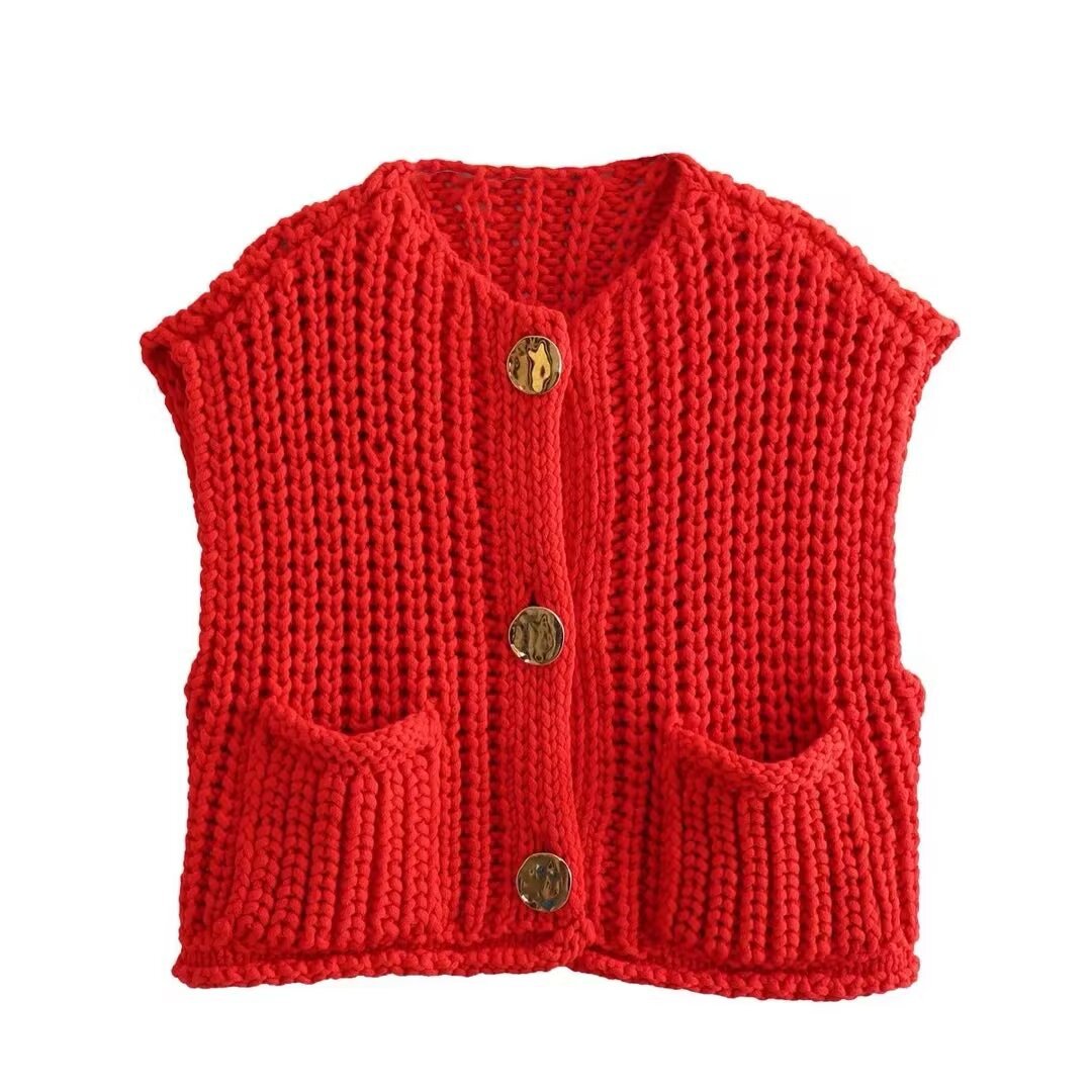 Pocket Sleeveless Short Knit Cardigan