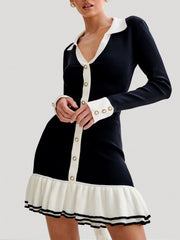 Lapel Long-sleeved Knitted  Dress