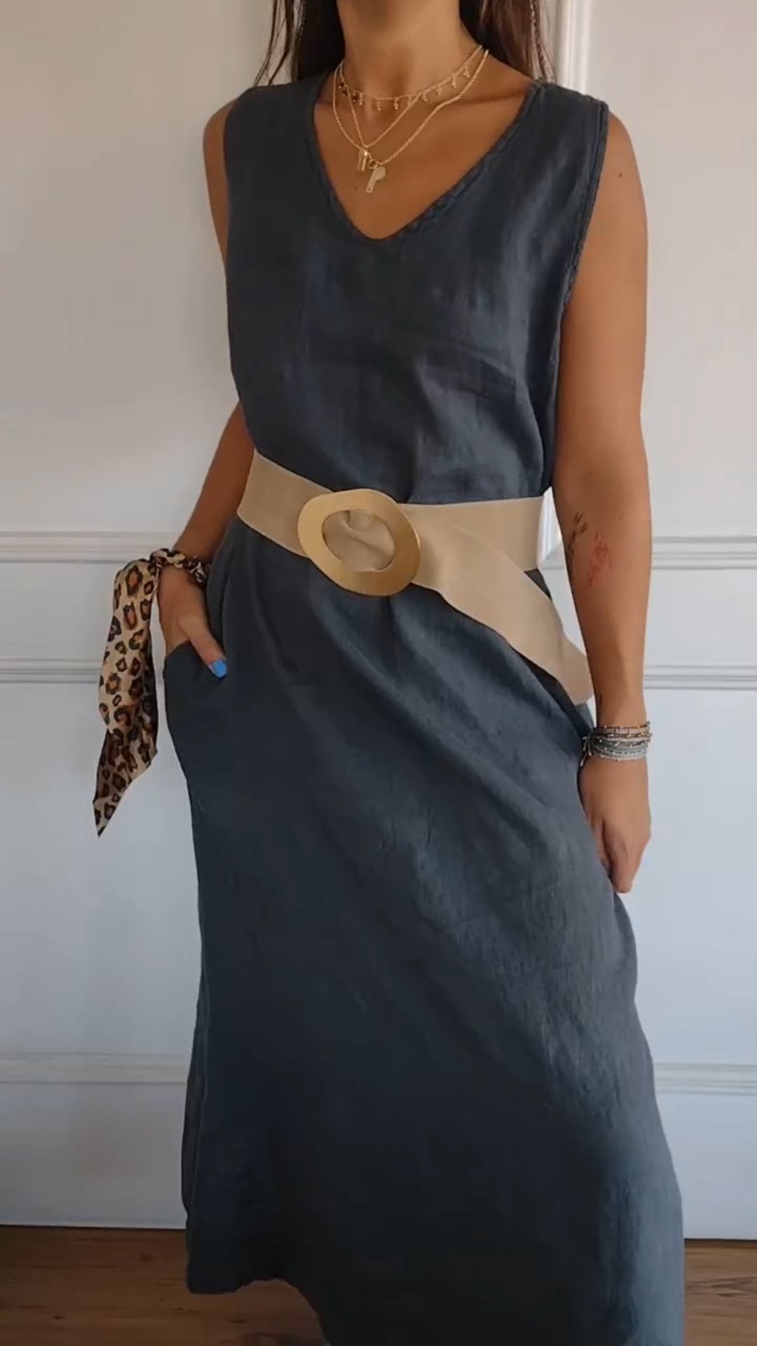 V-neck Belted Waist Dress