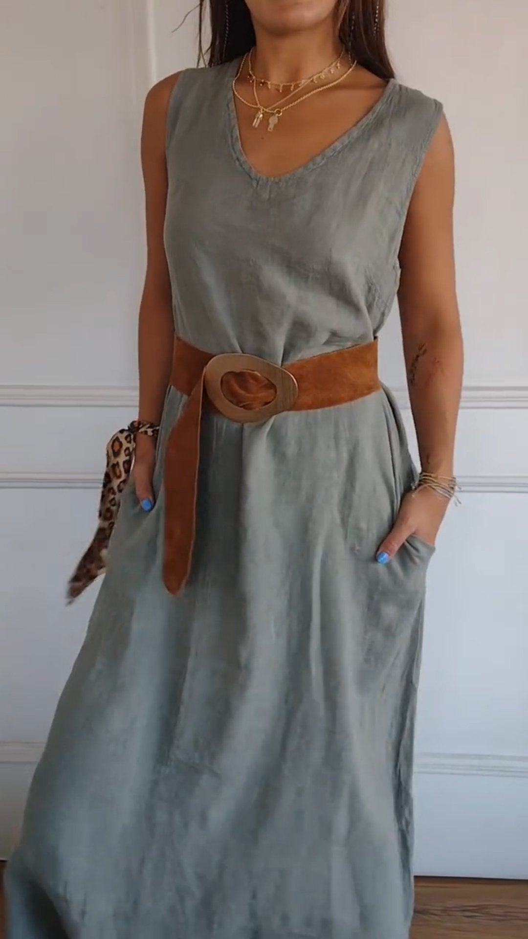 V-neck Belted Waist Dress