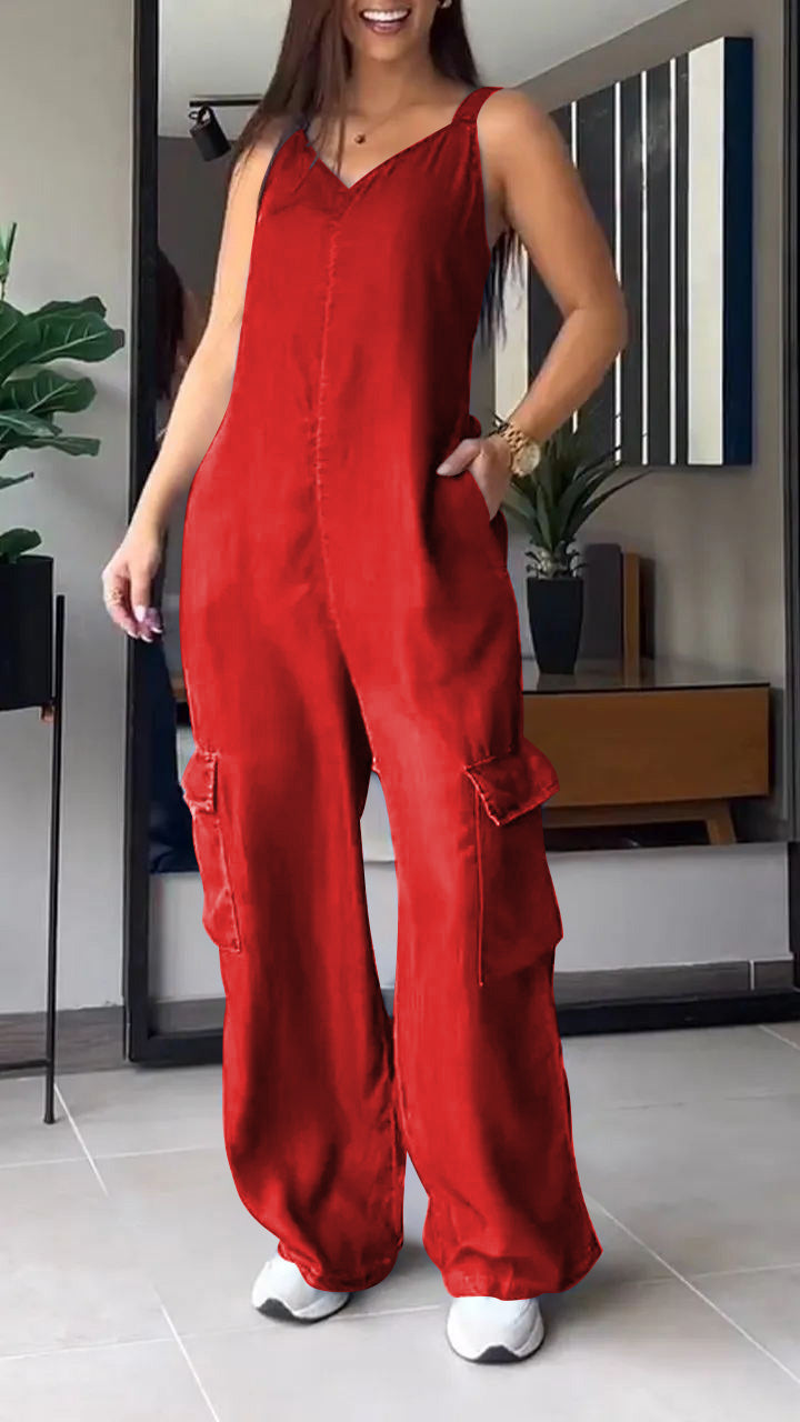 Thin Denim Cargo Pocket V-neck Jumpsuit