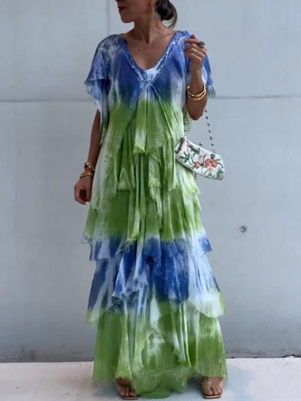 V-neck Printed Long Dress