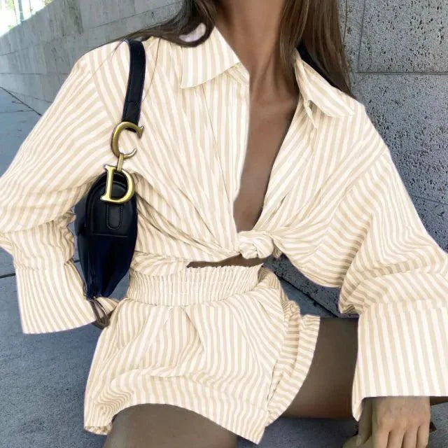 Striped Blouse Shirts and Shorts  Set