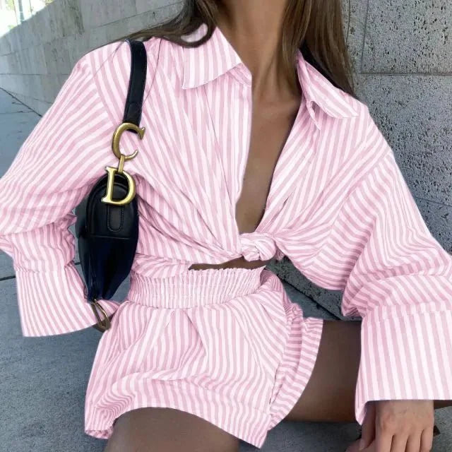 Striped Blouse Shirts and Shorts  Set