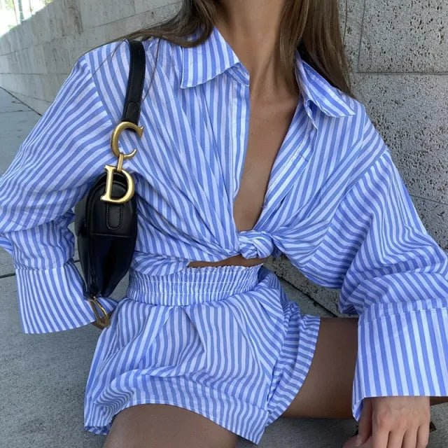 Striped Blouse Shirts and Shorts  Set