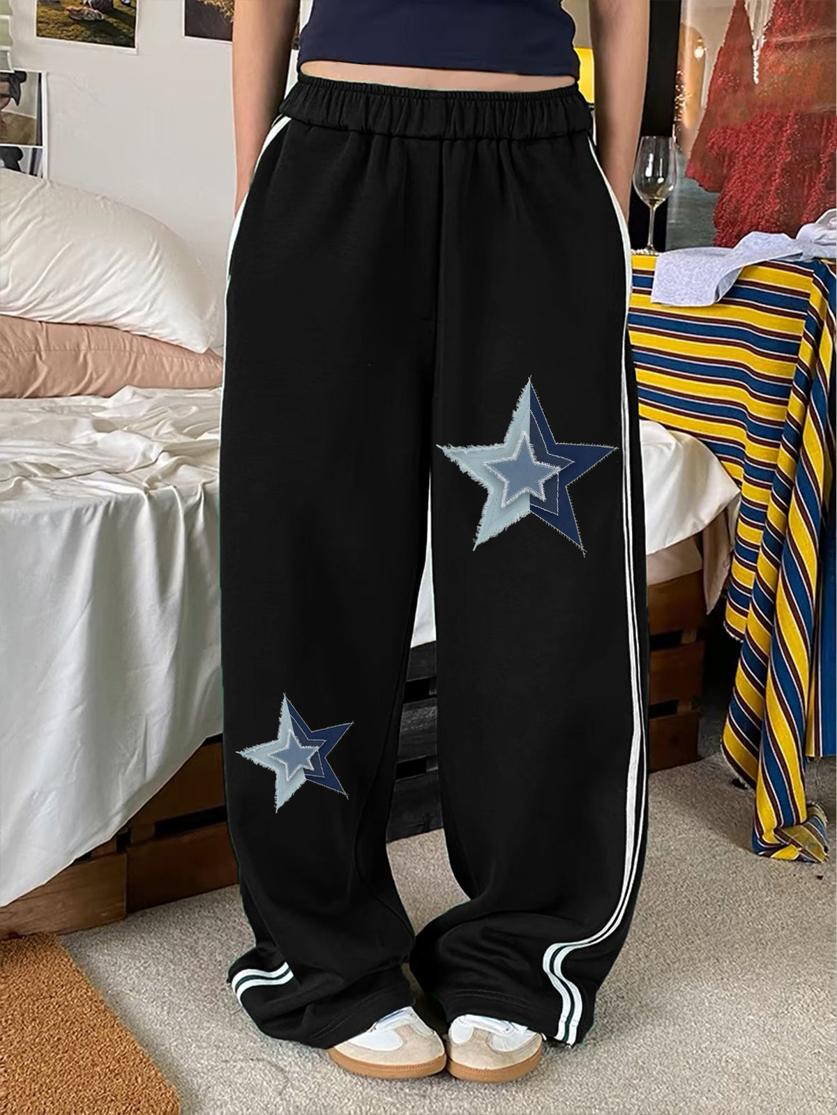 Star Print Sports Side-Stripe Panel Long Pants